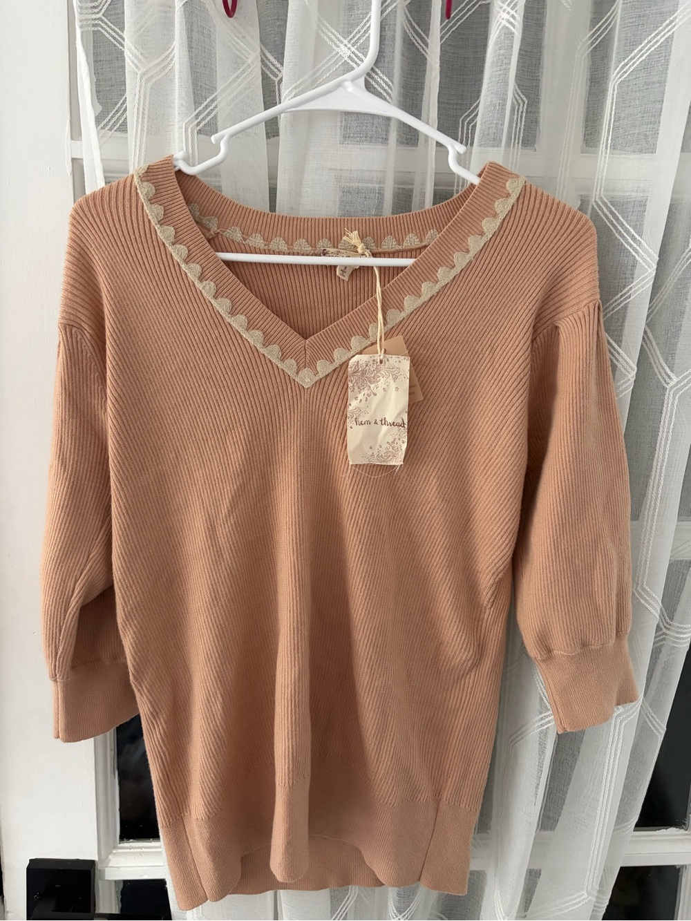 Hem & thread Women's V-Neck Ribbed Sweater in Light Brown with Lace Trim